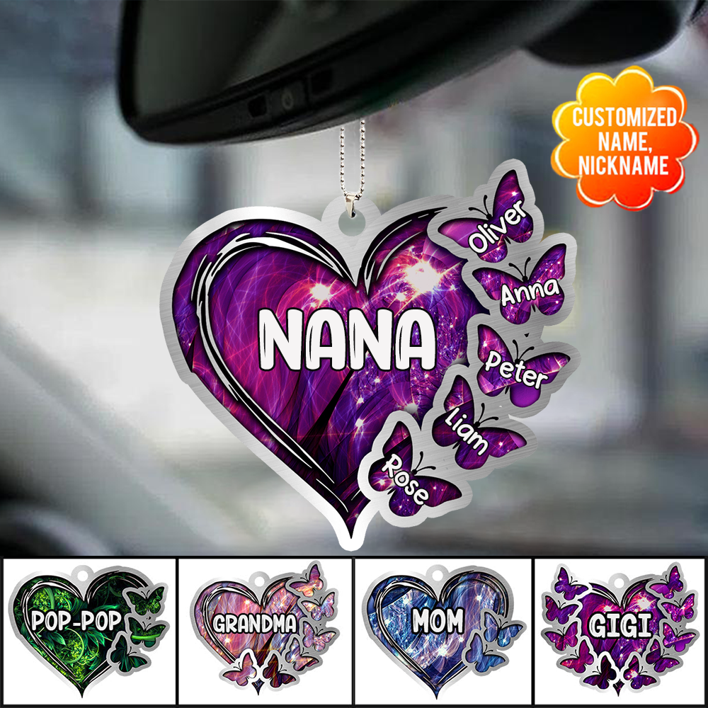 Sparkling Grandma- Mom Heart Butterfly Kids. Multi Colors Personalized Ornament