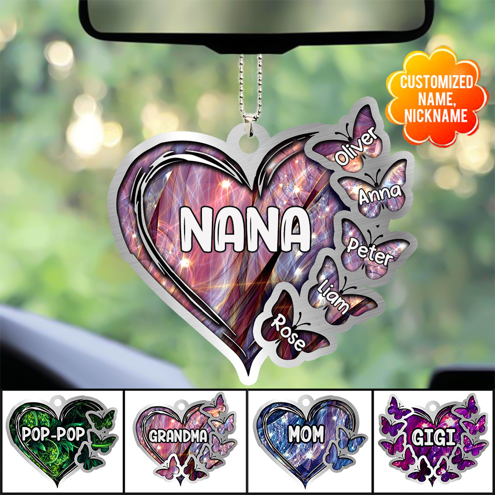 Sparkling Grandma- Mom Heart Butterfly Kids. Multi Colors Personalized Ornament